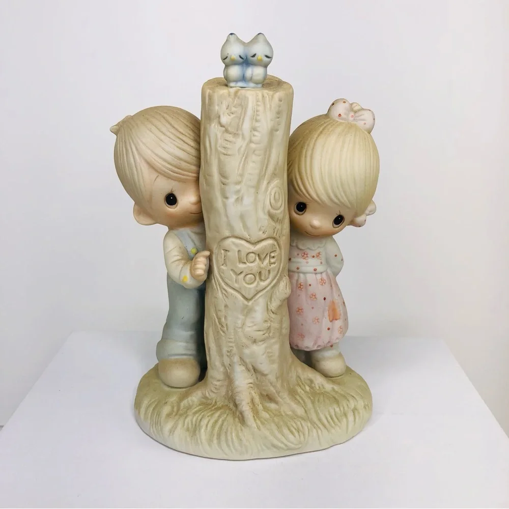 Vtg 70s Precious Moments Figurine Boy Girl Childhood I Love You Tree Birds Gift